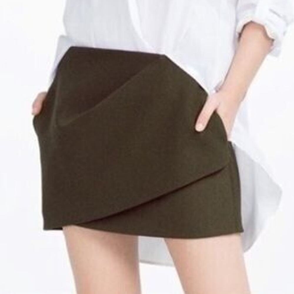 Zara Draped Wrap Look Mini Lined Skirt Back Zip Up Pockets XS Olive Green